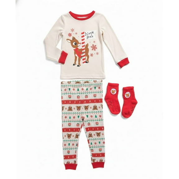 Rudolph Toddler Boy's Soft Christmas Holiday Reindeer Pajama Set with Socks, Size 4T