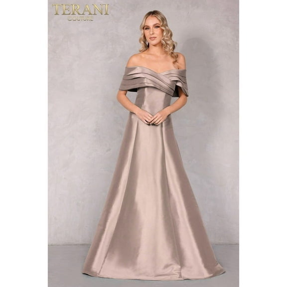 Women's Terani Couture Off The Shoulder A Line Gown From 2112m5404 Taupe 8