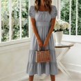 thumbnail image 5 of Iyufng Womens Long Dresses Summer Short Sleeve Pleated Casual Dress Fitted Waist Square Neck Dress, 5 of 6
