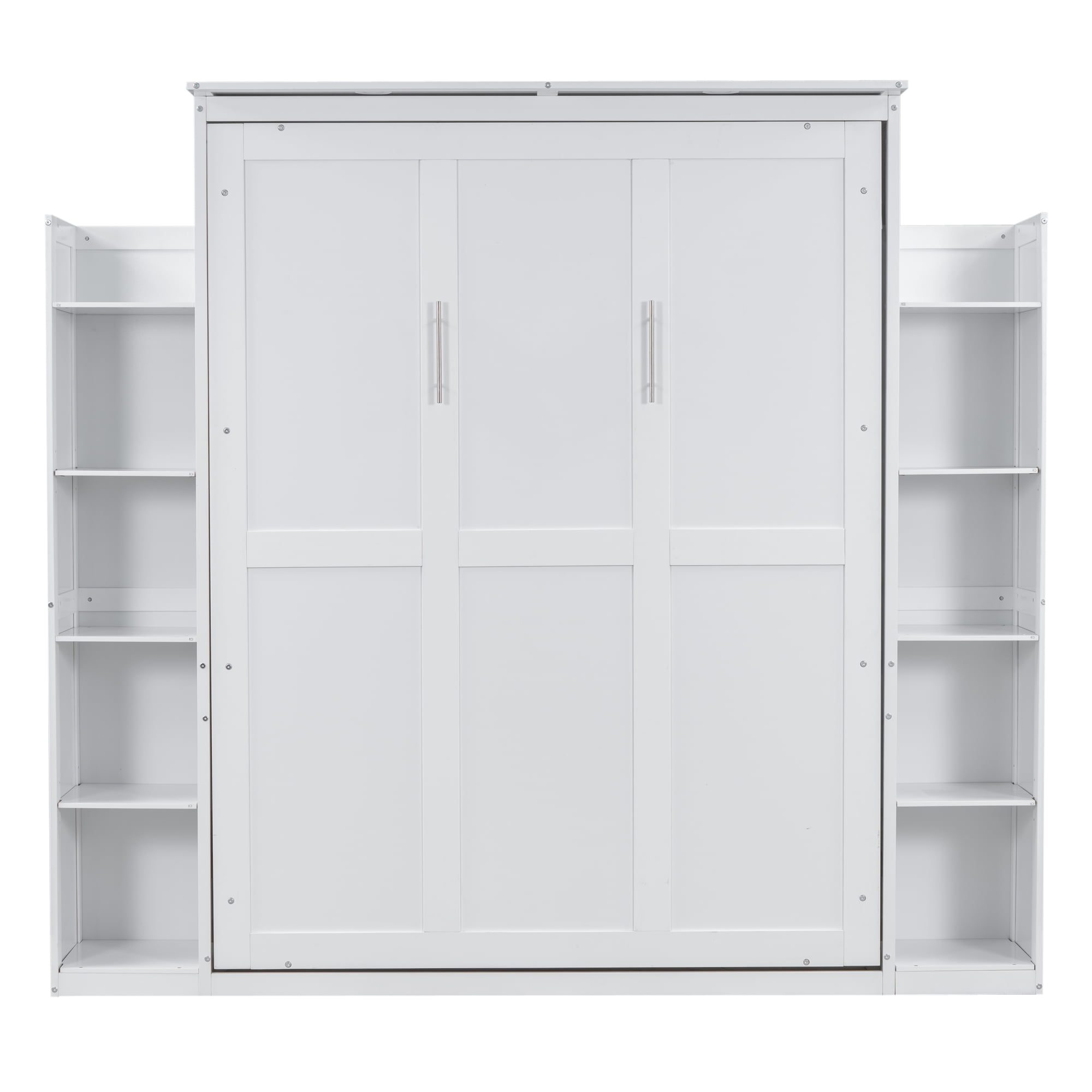 Churanty Wood Queen Size Murphy Bed with Storage Shelves and LED Lights, Foldable Wall Bed Murphy Bed Cabinet for Guest Room Home Office,White
