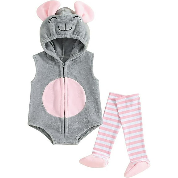Boys Girls Baby Jumpsuit Unisex Plush Sleeveless Romper Set With Mouse Ear Hood Matching Striped Leg Warmers For Infant Dress Up Daily Wear
