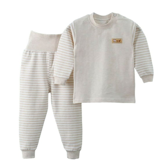 Sopiago Baby Sleepers 2 Piece Cartoon Printed Set Sleepwear Striped Clothes Toddler Pajamas Girls Beige,2-3 Years