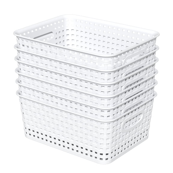 Callyne 6-Pack Woven Plastic Storage Baskets, White Pantry Plastic Baskets