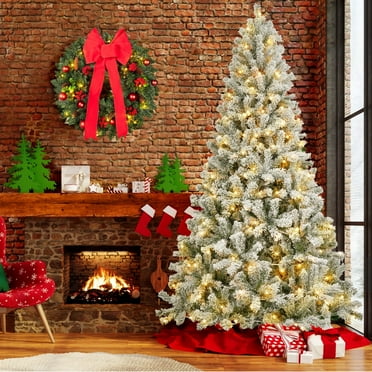 7ft Pre-Lit Snow Flocked Christmas Tree, Artificial Christmas Tree Holiday Decorations Indoor, Hinged Design, Warm White & Multicolor Lights
