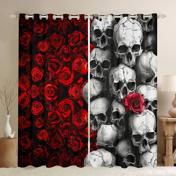 Castle Fairy Boys Girls Gothic Skull Black Out Curtains,Romantic Floral Red Rose Curtains Pack of 2 (42x63 Each),Happy Valentine's Day Bedroom Curtains,Super Cozy Room Decor