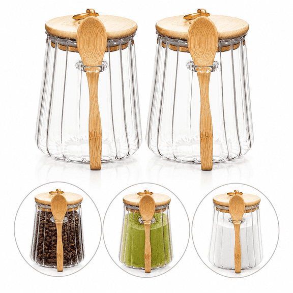 2 Pack Glass Canisters with Airtight Lids, Airtight Sugar Bowl with Spoon, Brown Sugar & Coffee Canister, Multipurpose Dry Food Storage Jar for Coffee Bean, Ground and Matcha