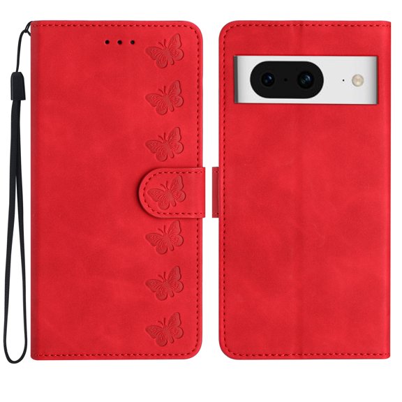 SaniMore Case for Google Pixel 8 6.3" 2023, [Card Slots + Cash Pocket] Removeable Wrist Strap PU Leather Embossed Butterfly Flip Kickstand Magnetic Clasp Full Body Protective Shell, Red