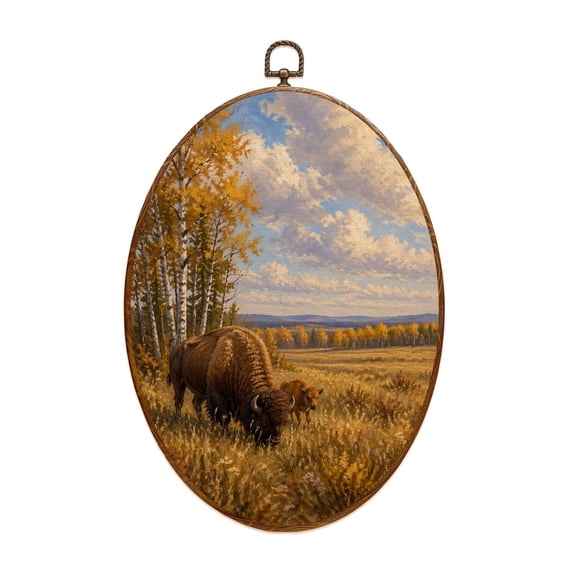 Oval Framed Wall Art National Park Grasslands Bison Canvas Wall Art Oval Vintage Wall Decor Prints Hanging Decor for Home Bedroom Living Room Office 8"x11.4"