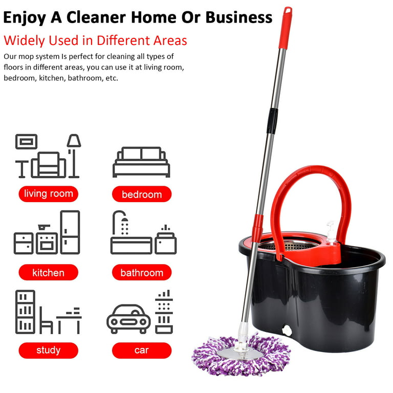 Black 360° Spin Mop with Bucket Set 2 Microfiber Cleaning Heads