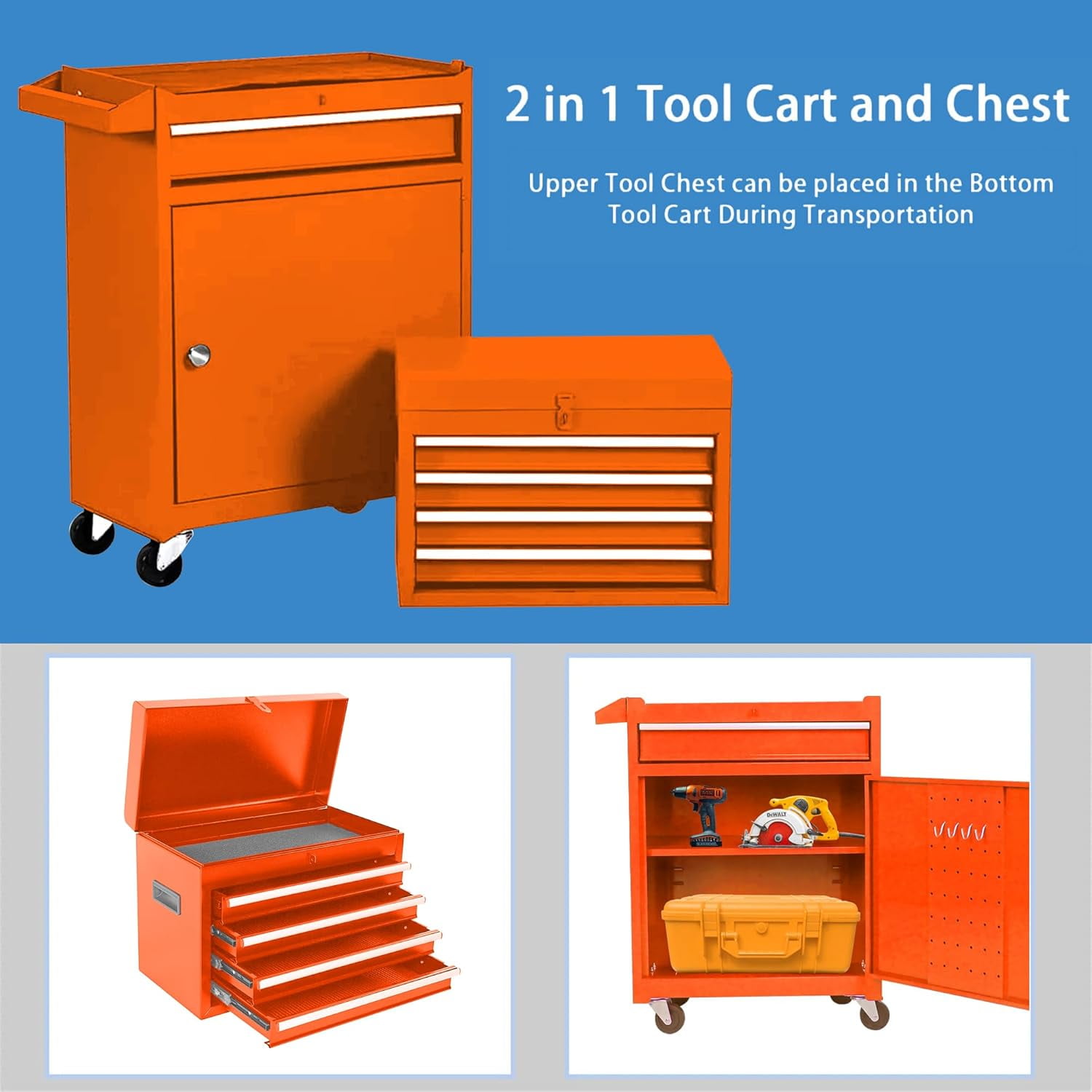POWANLI Detachable 5-Drawer Rolling Tool Chest with Bottom Cabinet and One Adjustable Shelf/Locking System for Garage Workshop Warehouse Repair Shop