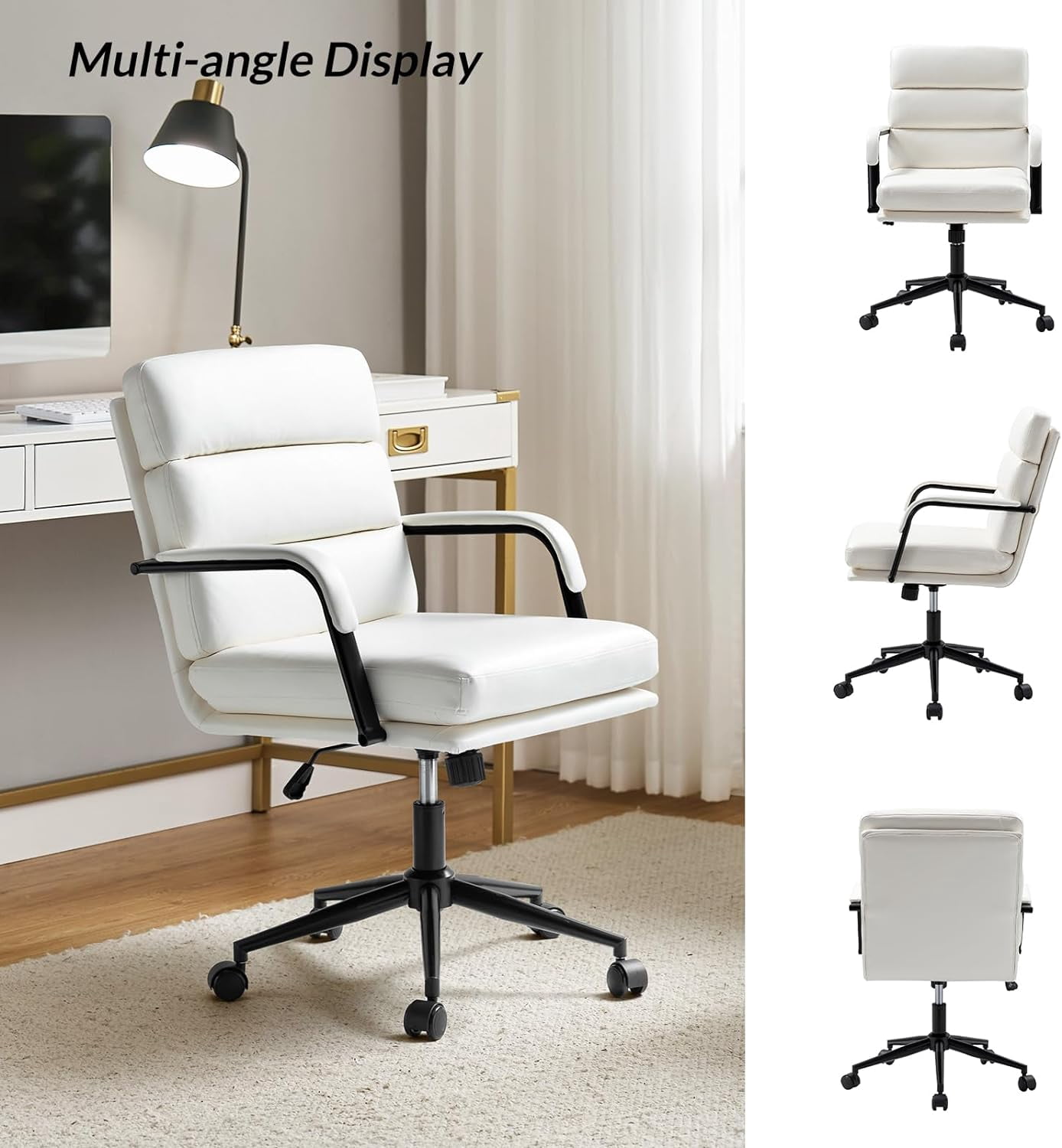 Faux Leather Home Office Chair, Swivel Task Desk Chair with Padded Cushion, White