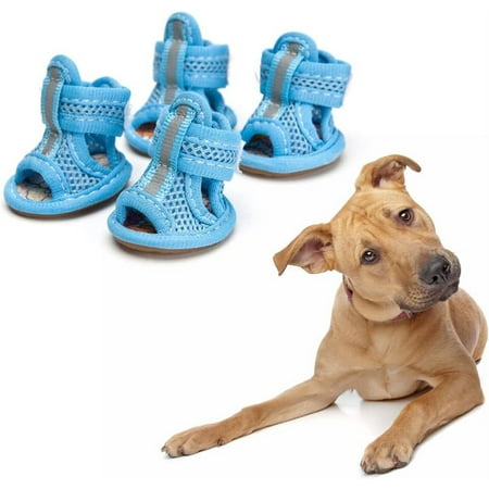 Dog Mesh Sandals- 4pcs Summer Dog Boots  Breathable Dog Shoes  Anti- Slip Dog Sneakers  Pasted Dog Sandals  Creative Pet Shoes for Dog Cat  Blue (Size 1)