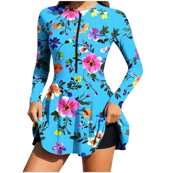 2 Piece Swimwear Plus Size,Women's 2 Piece Rash Guard Long Sleeve Modest Swimsuits Dress Zipper Bathing Suit Swimskirt