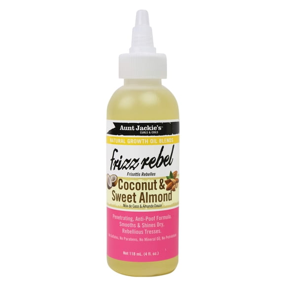 El aceite de crecimiento natural de Aunt Jackie combina Frizz Rebel - Coco y almendras dulces suavizan y brillan las trenzas rebeldes secas Fórmula anti-poof 4 oz