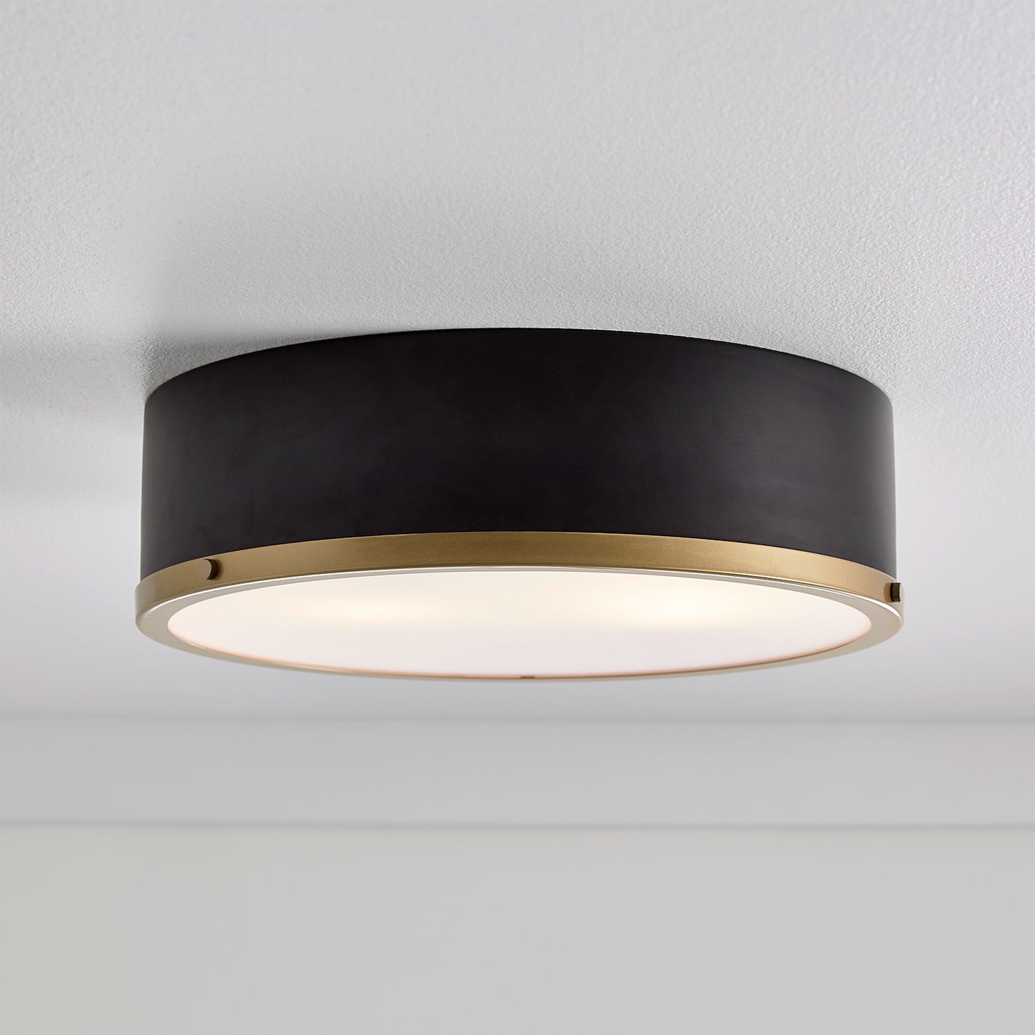 Better Homes & Gardens Irving Park 2-Light Flush Mount, Matte Black with Burnished Brass Accents, Frosted Glass Shade, LED Bulbs Included