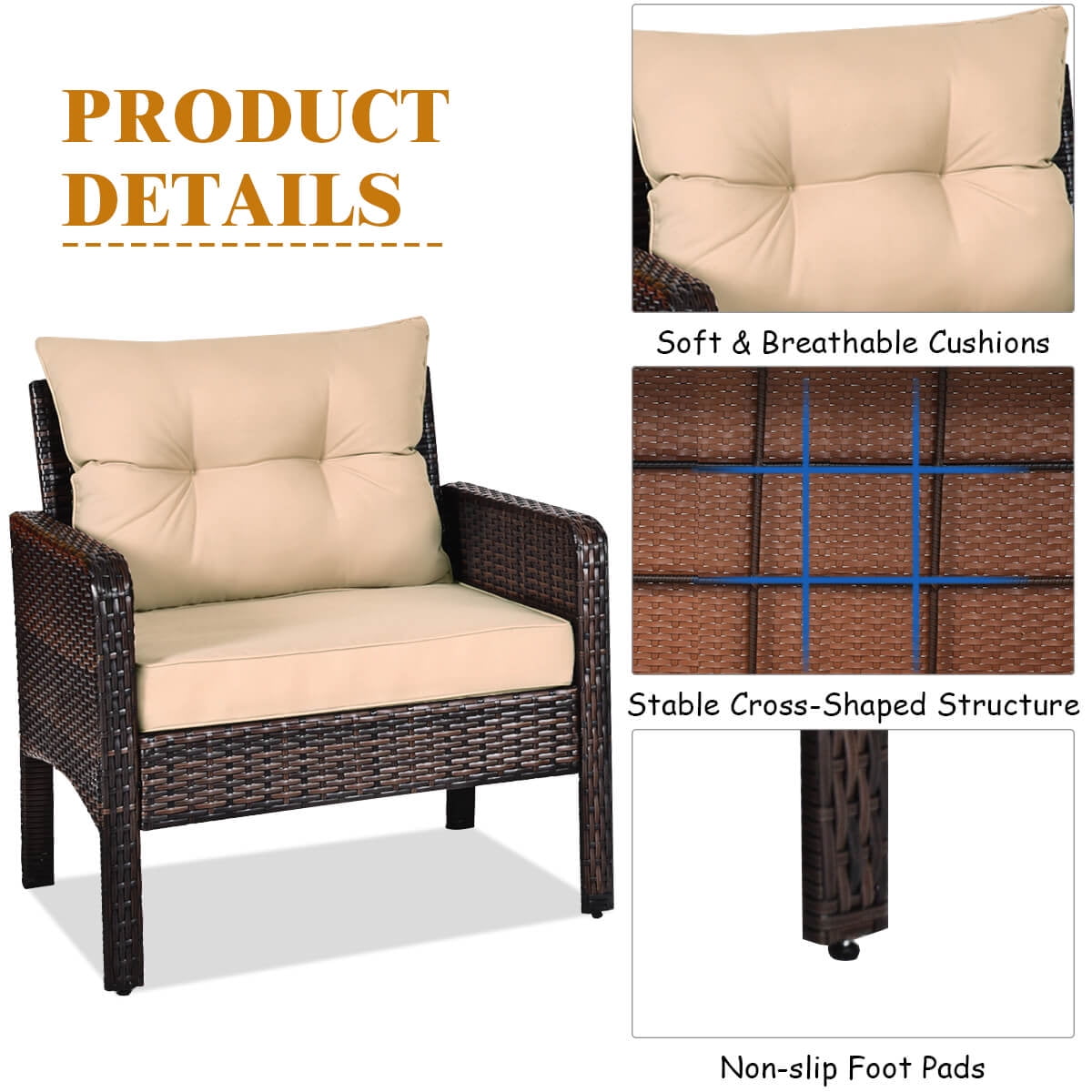 Costway 3 PCS Patio PE Wicker Furniture Set with Cushions and Tempered Glass Coffee Table Brown