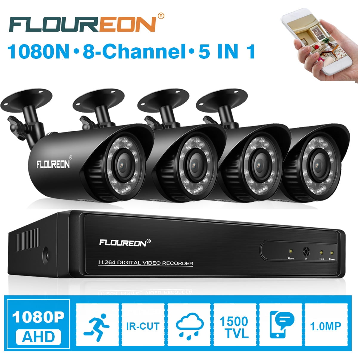 FLOUREON 8CH 1080P AHD DVR Outdoor 1500TVL 720P AHD Camera CCTV Security System 