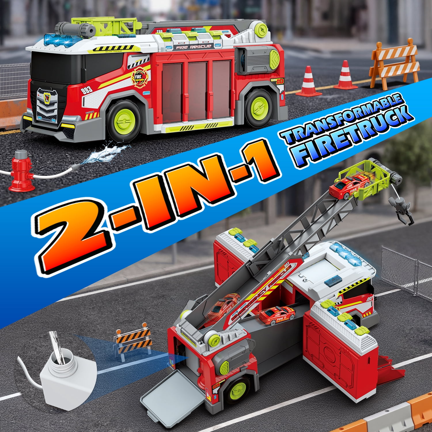 Carsky Fire Truck Toy with Storage Track, Lights & Sound Rescue Playset, City Garage Carrier Truck with Megaphone & Mini Cars, Role Play Gift Toys for Boys Girls