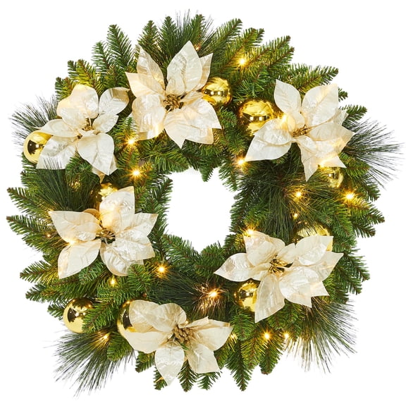24" Pre-Lit Christmas Wreath with Frosted Red Berries & Pinecones - Battery Operated LED Lighted Wreath for, Indoor Outdoor Holiday Decorations