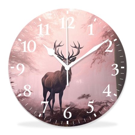 12 Inch Wall Clock Battery Operated Silent Clock Decorative for Office, Kitchen, Outdoor, Living Room，Deer Antler with Down Fantasy forest Woodland Print
