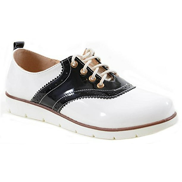 Fourever Funky Black White Saddle Oxford Lace up Women's Vegan Shoes