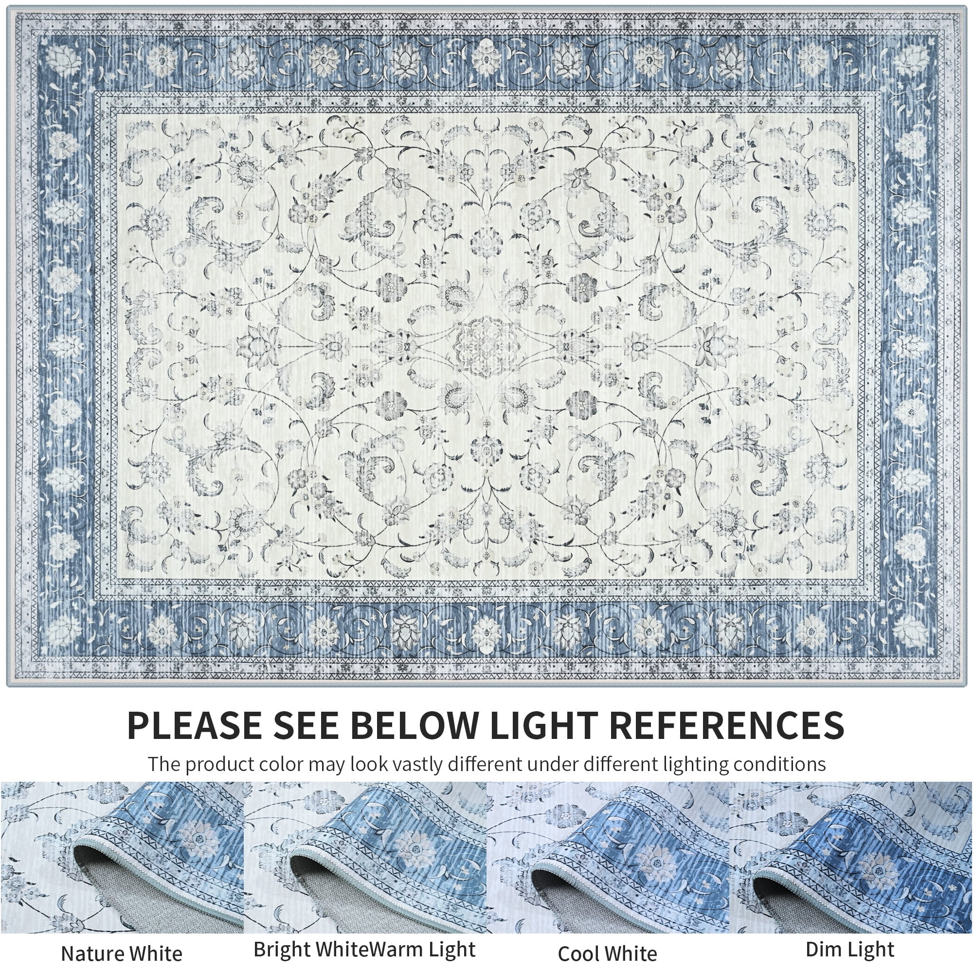 Astorug 5x8 Ft Light Blue Floral Area Rug - Machine Washable Low Pile Non-Slip Carpet, Boho Vintage Farmhouse Decor for Living Room, Bedroom, Nursery & Office