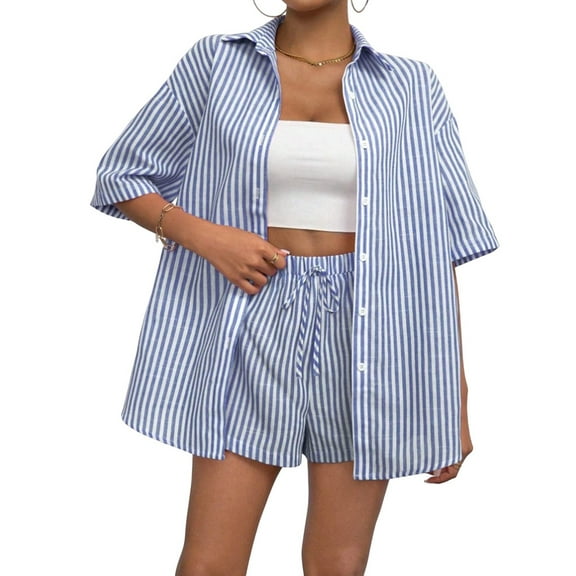 Women 2 Piece Outfits Summer Short Sleeve Stripe Shirts and Loose High Waisted Mini Shorts Sweatsuit Set Blue XL