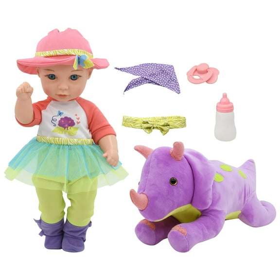 Little Darlings: Hop On Baby & Plush Dino - 15" Baby Doll & Purple & Green Dinosaur Friend, Vibrant Tutu Outfit W/ Bottle, Hard Body, Toy Set, Kids 3
