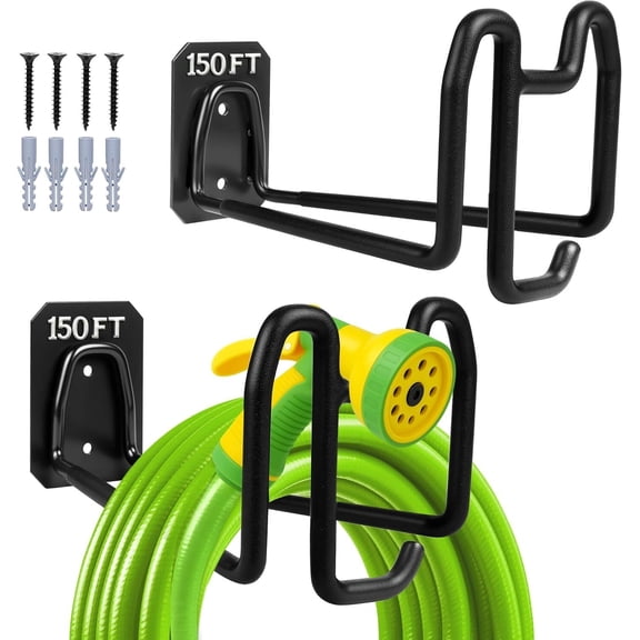 Katinyos Metal Garden Hose Holder, Heavy Duty Wall Mount Hose Hanger Supports up to 50 lb, Outdoor Hose Reel Storage Rack with Nozzle Organizer for Yard Garden