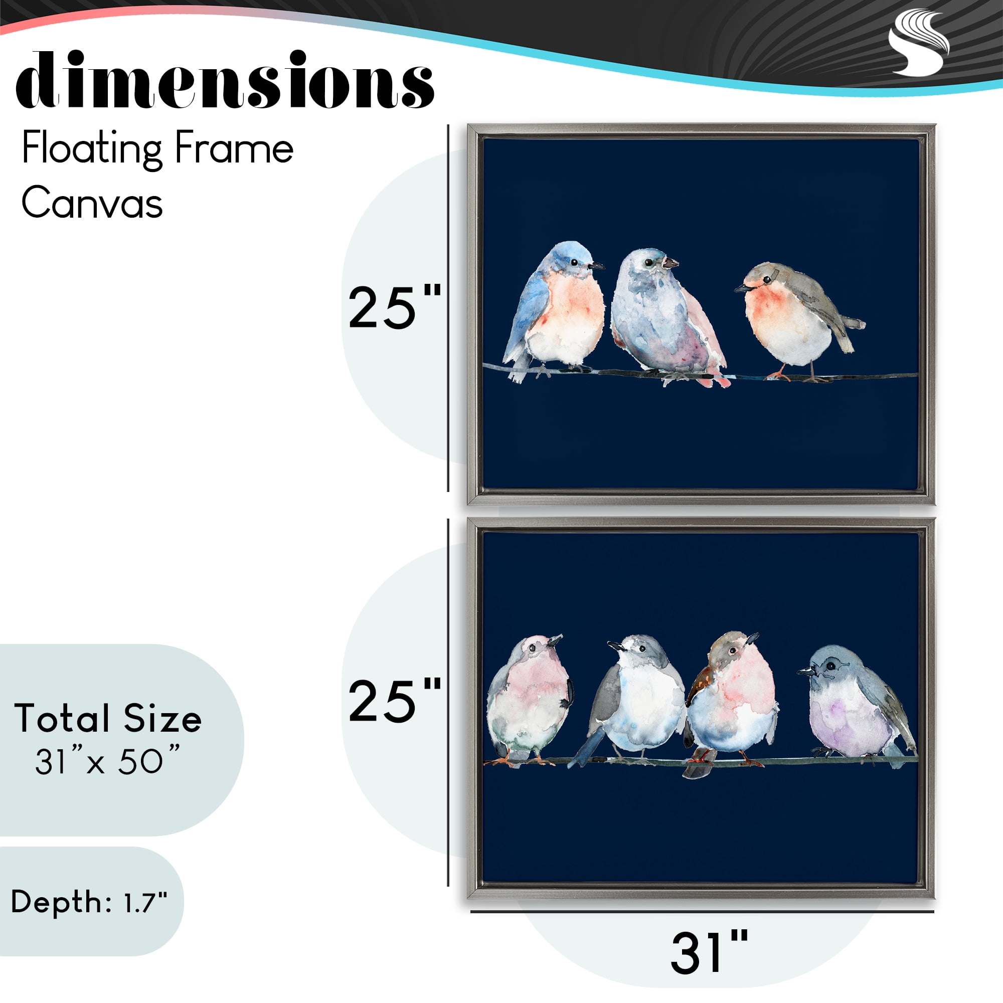 Stupell Industries Perched Navy Toned Birds 2 Piece Gray Framed Floater Canvas Set, design by Lorenzo Collective