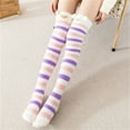 thumbnail image 1 of Chaussettes de Sol Chaudes pour Femmes en Molleton Corail Épaissi à Rayures Dessin Animé 2 Pcs Bas Bas Bas de compression Violet, 1 of 3
