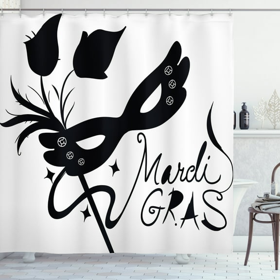 Ambesonne Mardi Gras Shower Curtain, Classic Flowers Feathers, 69"Wx70"L, Black and White