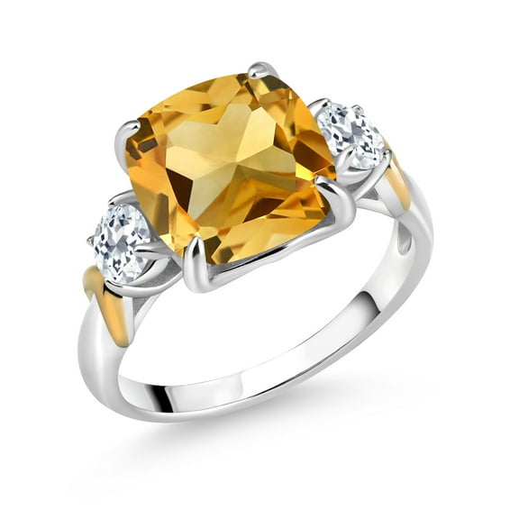 Gem Stone King 4.26 Cttw Yellow Citrine and White Topaz 3-Stone Ring for Women | 925 Silver and 10K Yellow Gold | Cushion 10MM | Round 4MM | Wedding Engagement Anniversary Promise Ring | Size 7