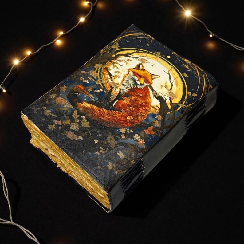 Handmade Leather Journal with Fox Artwork – 5x7 Inch Vintage Notebook, 200 Pages, Rustic Handmade Paper, Locking Strap – Writing, Sketching & Gift Journal