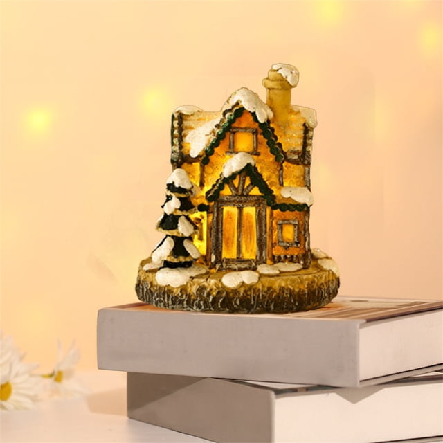 Fiudx Mini Casa de Resina, Cabaña de Nieve con Luces Led, Pueblo Navideño Pintado a Mano, Luces Blancas Cálidas, Decoración Navideña, Decoración para El Dormitorio, Escritorio, Tamaño 9,5 X 8 X 11 Cm