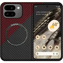 Magnetic Case for Google 9 Pro Pixel Fold Case Compatible with MagSafe Charger Carbon Fiber Slim Ultra Thin Aramid Fiber Anti-Scratch Shockproof Rugged Phone Case, Black&Red