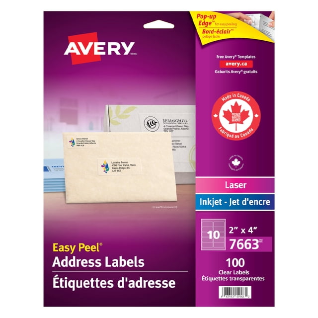 Avery Clear Shipping Labels with Easy Peel for Laser and Inkjet Printers, 2" x 4", Glossy Clear, Rectangle, 100 Labels, Permanent (7663) Made in Canada