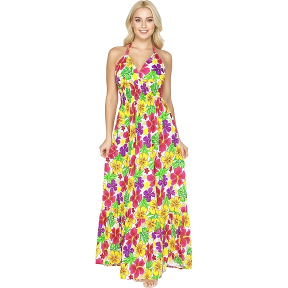 HAPPY BAY Women's Summer Boho Beach A-Line Maxi Smocked Evening Frill Dress Long Tube Dresses for Women S-M Pink, Floral