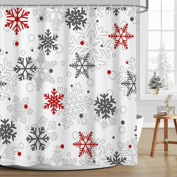 Winter Christmas Shower Curtains for Bathroom Red and Gray Snowflake Shower Curtain Xmas New Year Bathroom Decor Shower Curtain Washable Durable Fabric Bathroom Curtains 72x72 Inch