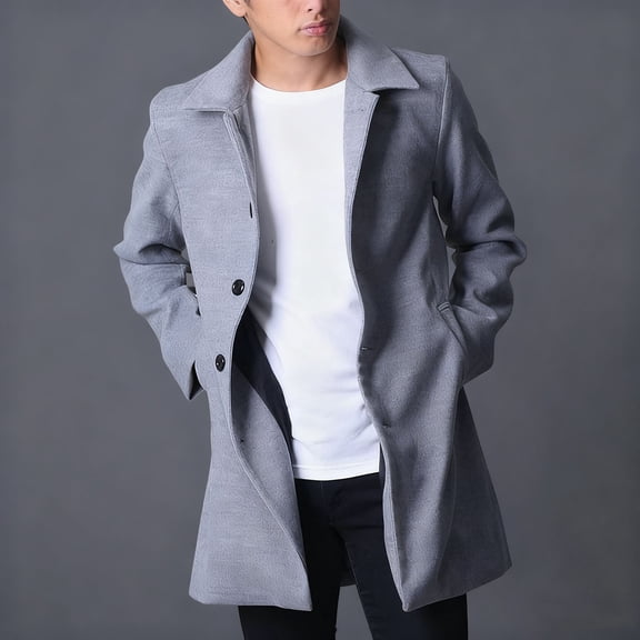 Mens Trench Coat Winter Pea Coat Single Breasted Notch Lapel Long Casual Overcoat