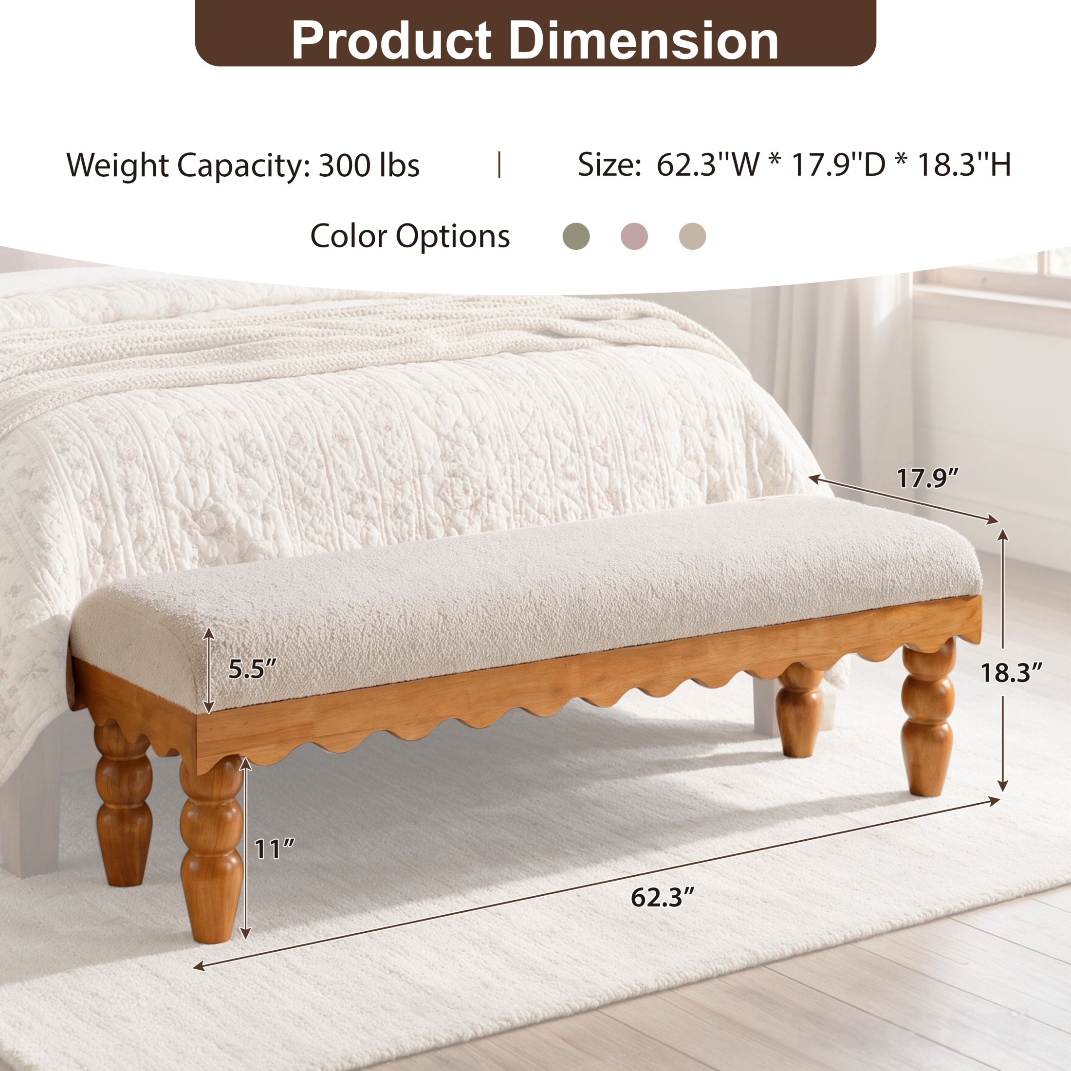 Christopher Knight Home Vintage Boucle Fabric Bench, Wave Trim Ottoman with Solid Wood Legs, Beige