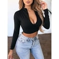 thumbnail image 3 of FINELOOK Womens Zipper V Neck Long Sleeve Slim Fit Crop Tops, 3 of 6