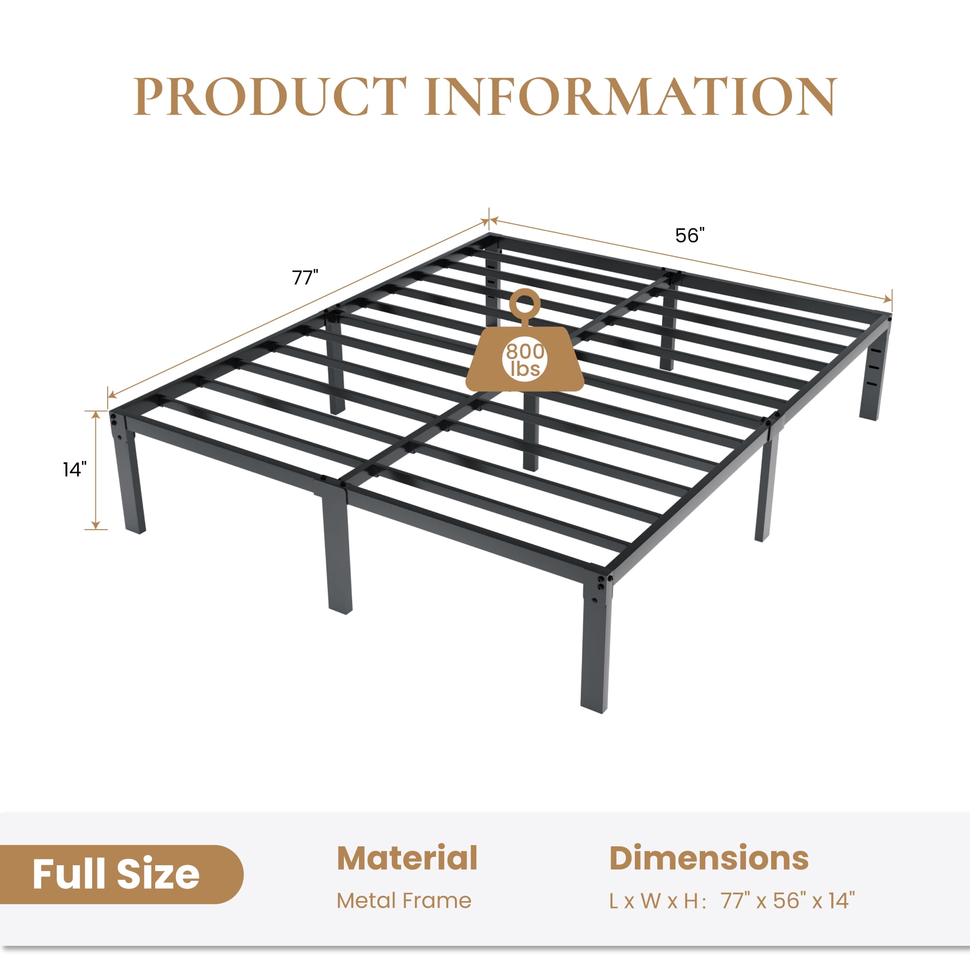 Merrland 14 Inch Full Size Bed Frame, Heavy Duty Metal Platform with Storage, Steel Slat Support, Easy Assembly, Black