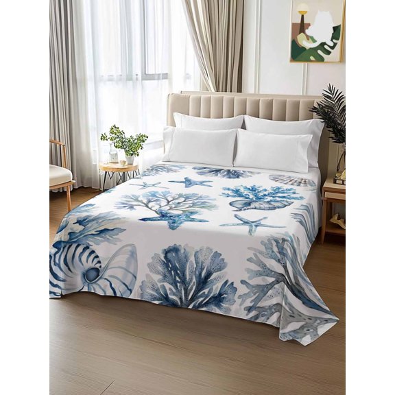 King Size Flat Sheet Only,Blue Ocean Conch Coral Shell Soft Top Bed Sheets Breathable Bedding Sheet Summer Nautical Starfish Microfiber Hotel Luxury Top Sheets