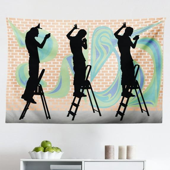 Urban Graffiti Tapestry, Anime Themed Style Cartoon and Speech Bubble on Beam Background, Fabric Wall Hanging Decor for Bedroom Living Room Dorm, 2 Sizes, Multicolor, by Ambesonne