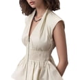 thumbnail image 2 of Women V Neck Tank Tops Smocked Zipper Sleeveless Vest Pleated Peplum Shirts Cream White S, 2 of 9