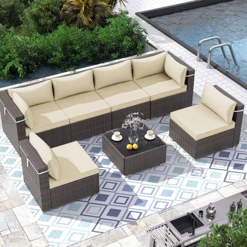 14 Pieces Outdoor sectional cushions replacement set, 4in thick patio furniture cushions, Waterproof Outdoor Couch Cushion,deep seat patio cushions For 6 Seat（Beige）