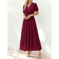thumbnail image 5 of Burgundy V-Neck Short Sleeve Tiered Maxi Dress With Floral Embossing, 5 of 27