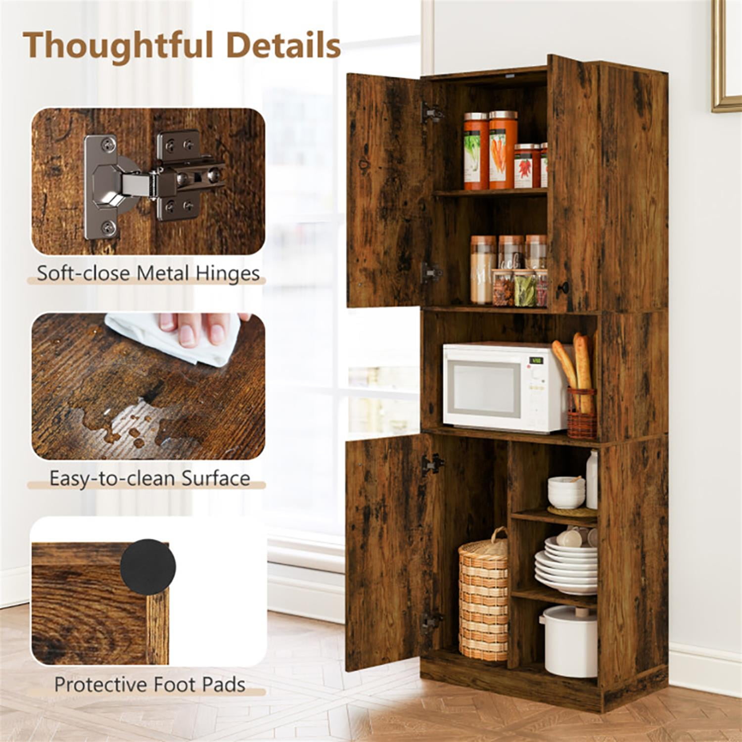 Demi Bonn Pantry Cabinet Cupboard with 3 Doors, Microwave Stand and Open Shelves, Standing Storage Cabinet for Kitchen, Laundry or Utility Room, Brown