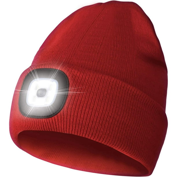 Gorro LED con luz, gorro de faro LED recargable unisex, rojo, gorro de punto cálido para seguridad en invierno, faro para pasear perros al aire libre, regalos para hombres, mujeres, papá